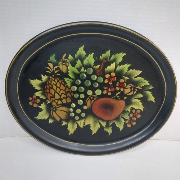 Vintage Metal Toleware Tray Fruit & Leaf Design Black Gold Mid-Century Pineapple - Picture 6 of 6